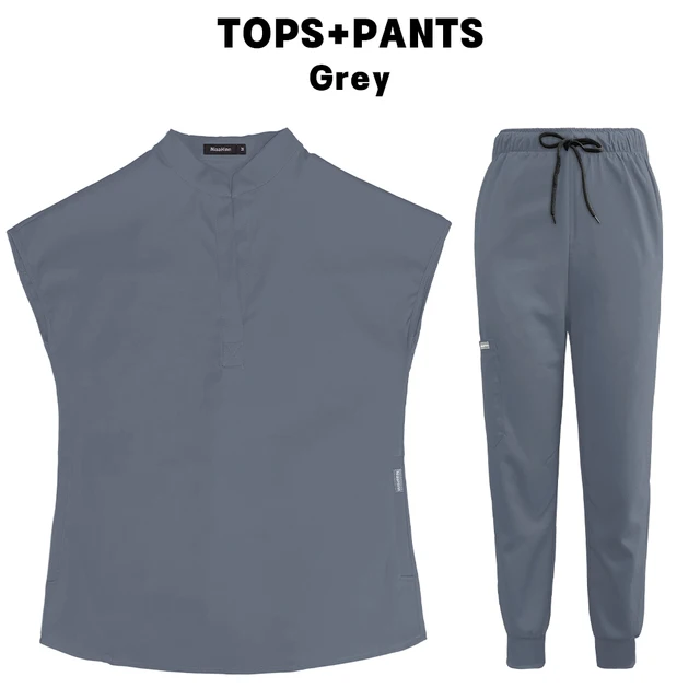 Scrubs Set for Women Pet Hospital Uniform Set Scrub Suits Solid Color Unisex Surgical Gown Pocket V-neck Joggers Wholesale Price Grey