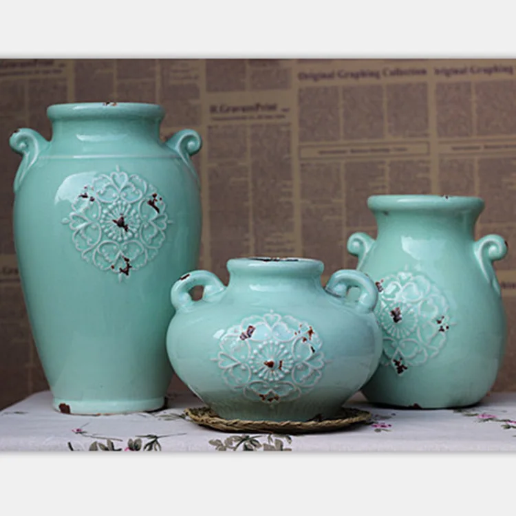 

! Rehome Green Small Dual Handle Decorative Pattern Relief Crack Ceramic Flower Holder Vase