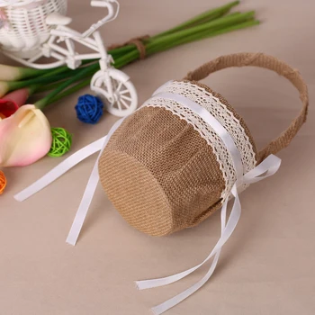 

New Vintage Rustic Wedding Burlap Flower Girl Basket with Lace Decoration Wedding Supplies for r\Rustic Themed Wedding