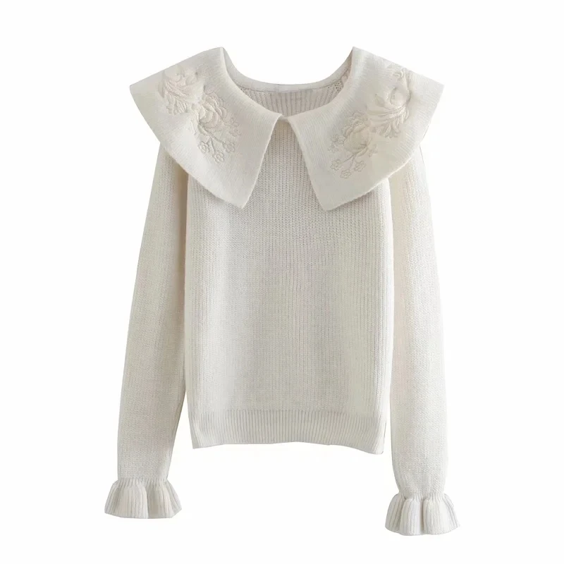 

Women's Embroidery Sweaters Knit Sweater Female Knitted Jumpers Pullover Solid Knitwear Tops Navy Collar Long Sleeve Casual Full