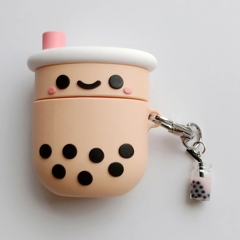 Милый чехол для наушников Boba для AirPods 2, Kawaii, силиконовый, пузырьковый, молочный чай, беспроводная Bluetooth гарнитура, Защитная крышка с брелоком - Цвет: Pink