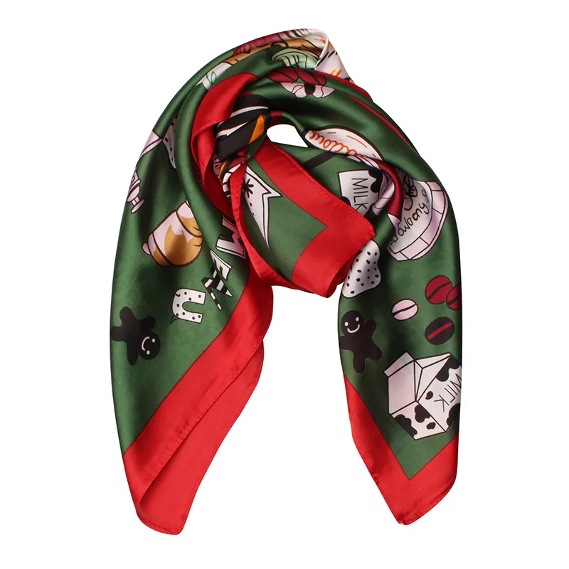 

Cartoon Stickers Monochrome Bordered Design Vibrant-Imitated Silk Fabric around Covered Edge Kerchief Silk Scarves