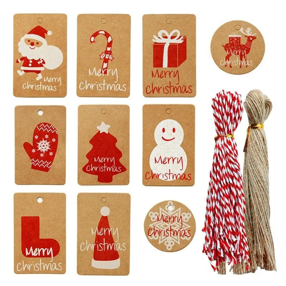 

100PCS Christmas Gift Tag Labels Kraft Paper Decorative Present Tag With Red White String Party Supplies Christmas Pendant