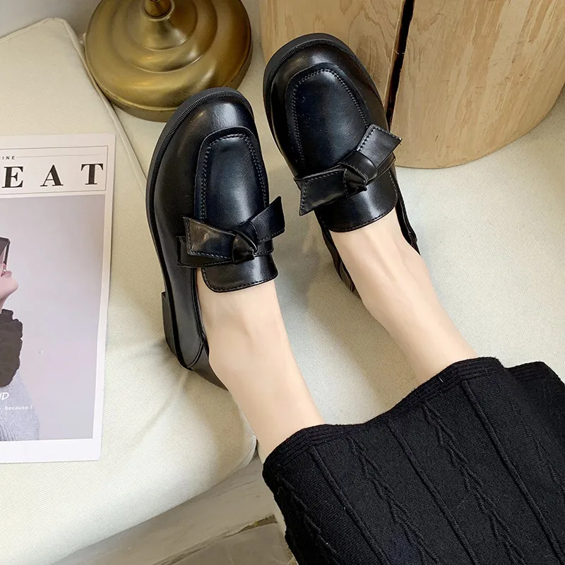 

Women's England Small Leather Shoes 2019 New Style Korean-style Versatile Flat Top Shoes Moccosins Casual Shoes Slip-on Leather