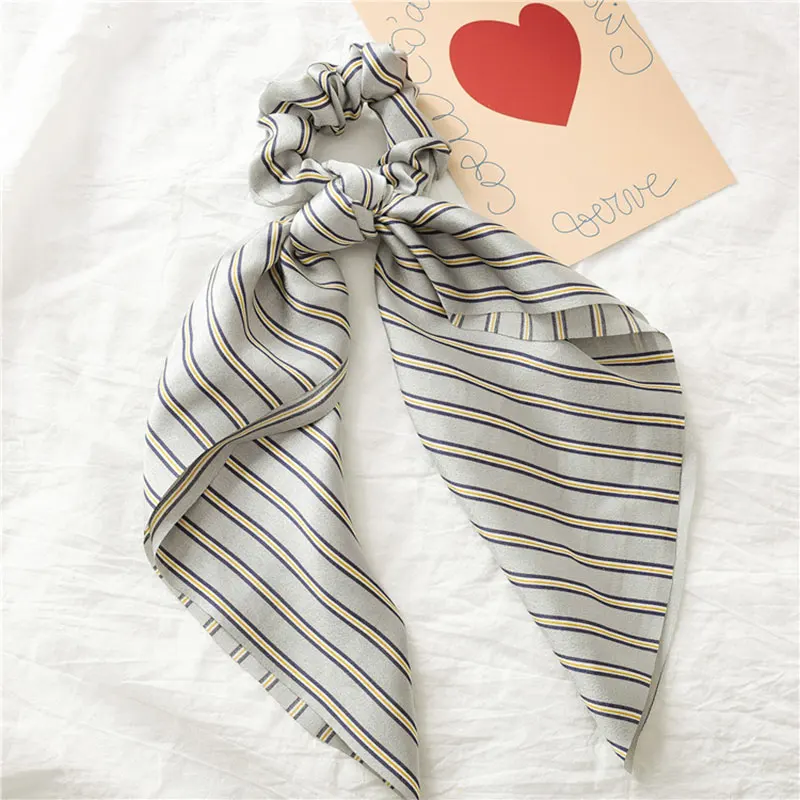 Retro square scarf knotted ponytail head hair ornament retro big bow elastic knot ribbon hair ring hair bander satin hair ring - Цвет: A45-2 striped gray
