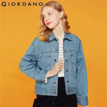 

Giordano Women Jackets 100% Cotton Double Patch Pockets Denim Jacket Turn Down Collar Solid Chaqueta Mujer 92379680