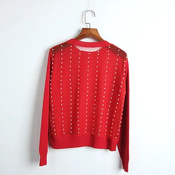 

Red Women Sweater Mesh Tops 2020 Spring Back Mesh Beading See Through Pullover Sweater Long Sleeve O-neck Knit Sweater Women