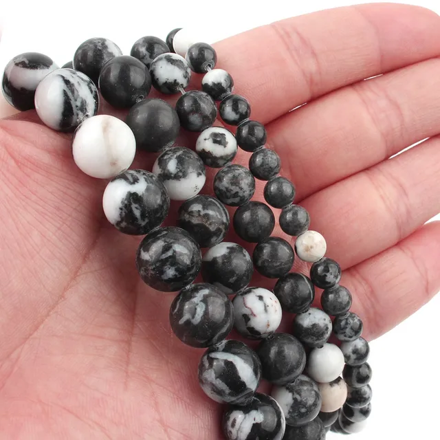 Natural Stone Beads Black Hematite Zebra Jespers Round Spacer Beads for Jewelry Making DIY Bracelet Necklace Accessories 15'' Black White Zebra