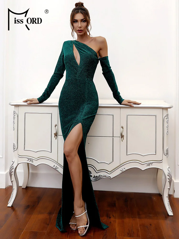 Missord Vestido largo verde para fiesta de fin de año 2022, vestido largo con purpurina hasta el muslo de cuello y corte elegante|Dresses| - AliExpress