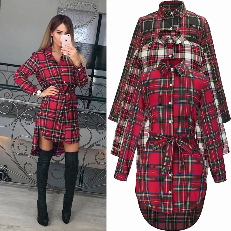 Koop 2019 Winter Rode Plaid Jurk Lange mouwen Casual Hot Plaid Dress Shirt Bodycon Plus Size Katoen Plaid Mini Jurk Party vestidos