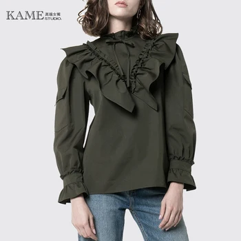 

Women Ruffled V-Neck Drawstring Shirt New 2019 Autumn Army Green Long Sleeve Tops And Blouses Womens Streetwear Vintage Shirts