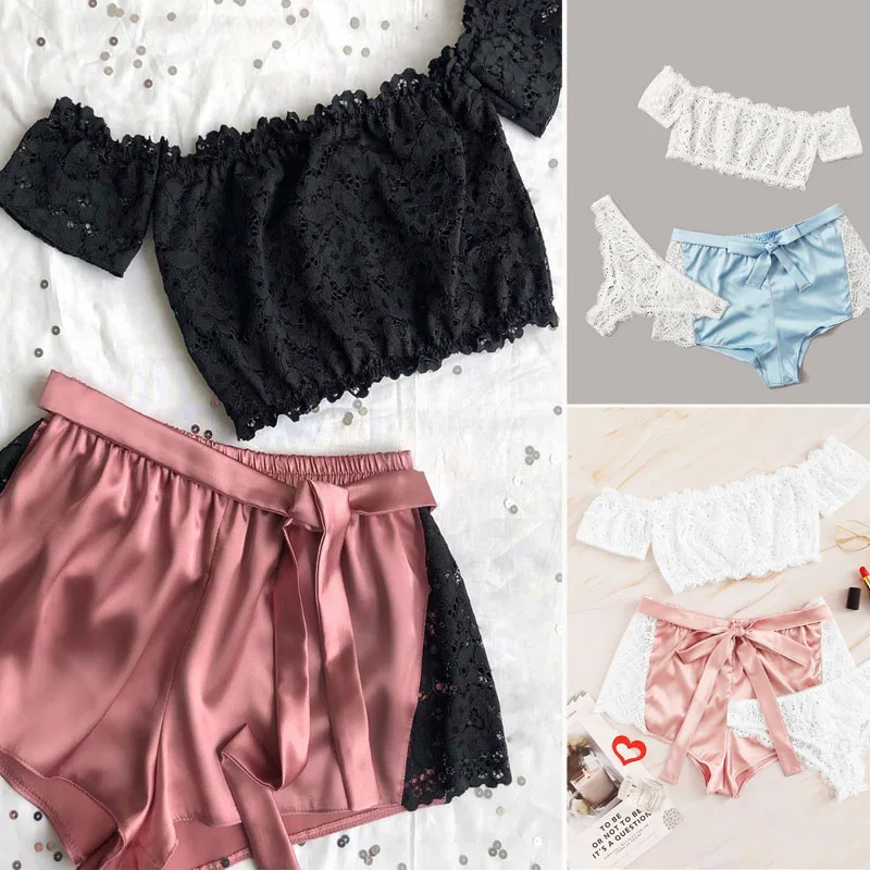 New 3PCS Women Lace Sexy Pajama Sets Babydoll T Shirt Top Shorts G-String Underwear Ladies Lingerie Nightwear Sleepwear Pajamas