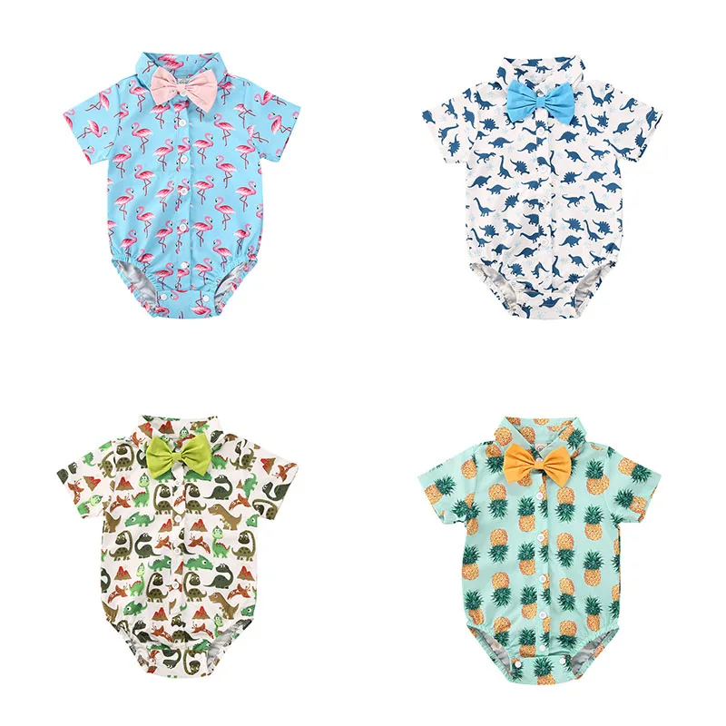 0-24M Gentleman Newborn Boys Bodysuits Bow Short Sleeve Print Single Breasted Jumpsuits |