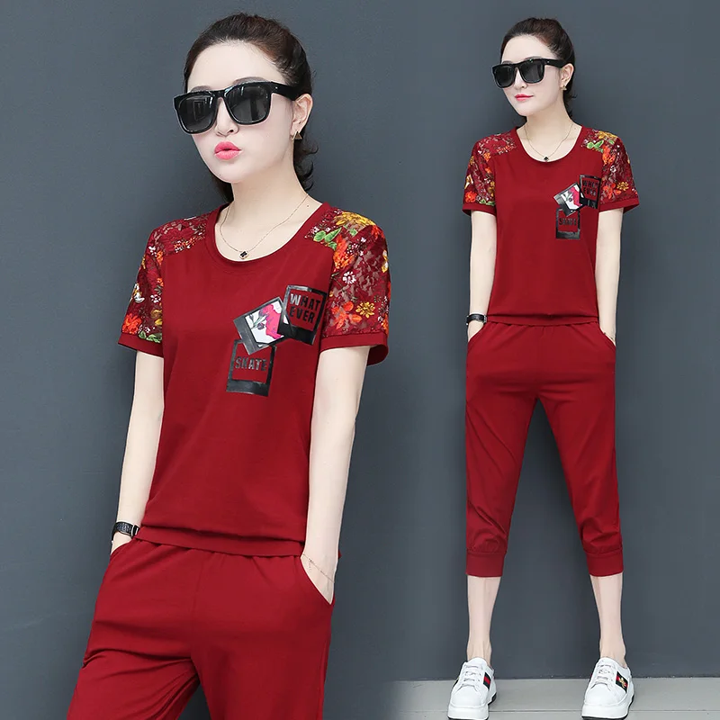 898red New Sports Suit Women's Summer Fashion Casual Running Wear Large Size Short-sleeved Two-piece Seven-minute Pants - Цвет: 898red
