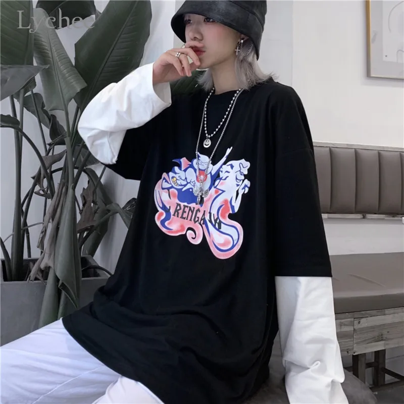 Lychee Harajuku, принт с привидениями, женская футболка, топ, футболка, в полоску, поддельные, 2 штуки, женские футболки, топы, футболки, пэчворк, с круглым вырезом, женские футболки