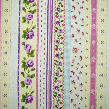 

1 yard Cotton Linen Fabric for sewing pathwork, bedding, hadmaking, Stripe and Rose (purple) (width=140cm)