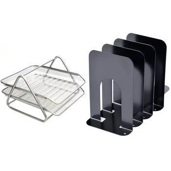 

Office Filing Trays Holder A4 Document Letter Paper Wire Mesh Storage 2 Tiers with Black Metal Bookends. (2 Pairs)