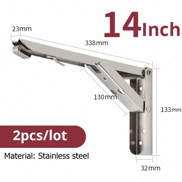 KAK 2pcs Folding Shelf Brackets Heavy Duty Stainless Steel Collapsible Shelf Bracket for Table Work Space Saving DIY Bracket Silver 14inch