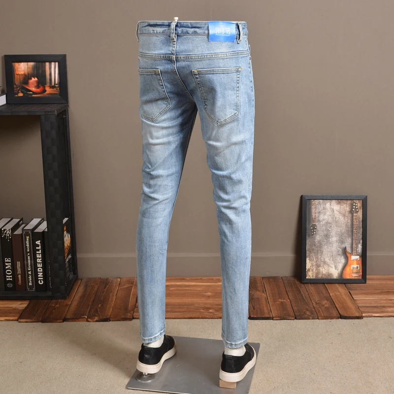 Fashion Mens Skinny Jeans Streetwear Elastic Thin Blue Pants for Cowboys P83