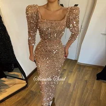 Dubai Rose Gold Langarm Luxus Abendkleid Frauen für Hochzeit Party Arabisch Kleider Volle Perlen Muslimischen Formale Prom Kleider 2021