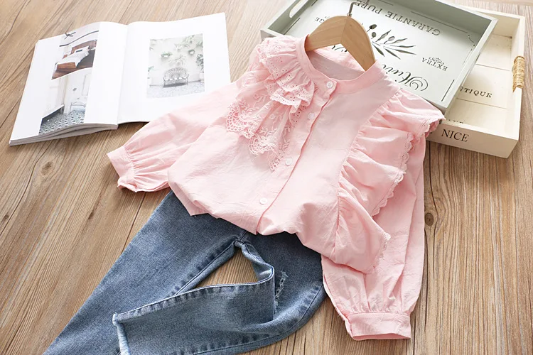 Babyinstar/однотонные белые блузки для девочек; детская одежда с длинными рукавами и оборками; Новинка года; весенние розовые блузки для девочек
