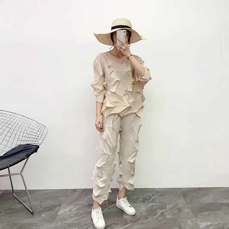 MIYAKE плиссированная куртка со стразами+ прямые брюки Зимний свободный большой размер плиссированный комплект из двух предметов брюки костюм