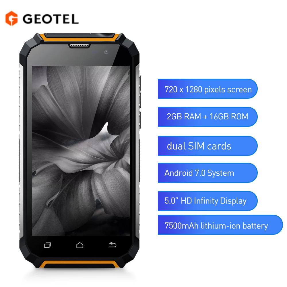 GEOTEL G1 5-inch 3G Smartphone Android 7.0 2GB RAM 16GB ROM MTK6580A 4-core 1.3GHz Water-resistant 7500mAh Mobile Cellphones
