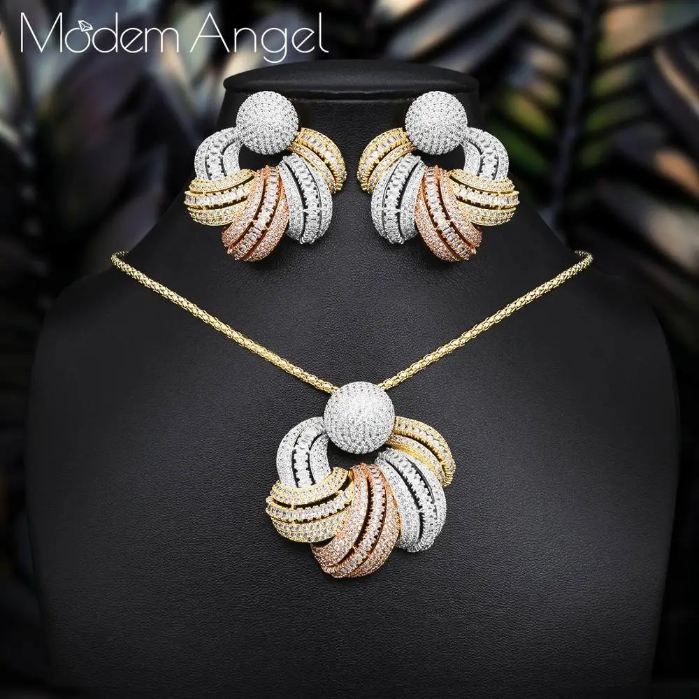 ModemAngel, роскошное круглое кубическое циркониевое Хрустальное CZ длинное ожерелье со свисающей подвеской, серьги для женщин, высокое качество, ювелирное изделие