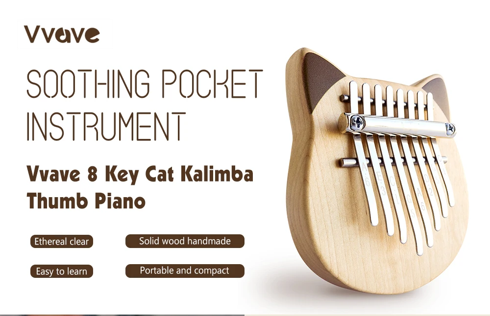 

Vvave 8 Key Cat Kalimba Birch Material Thumb Piano Musical Instrument with Learning Book Tune Hammer Cat Shape Easy to Learn