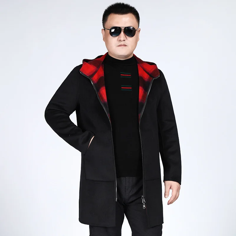 

Plus Fat Plus Big Season Two Sides Wear Spell Color Red Grid Coat Male Loose Leisure Woolen Coat