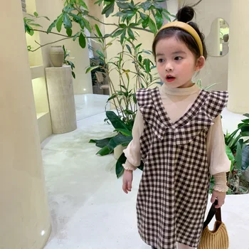 

a mu hou Girls Autumn New Style England Lattice Sundress 2020 Little Girl chao yang Gas Two-piece Dress