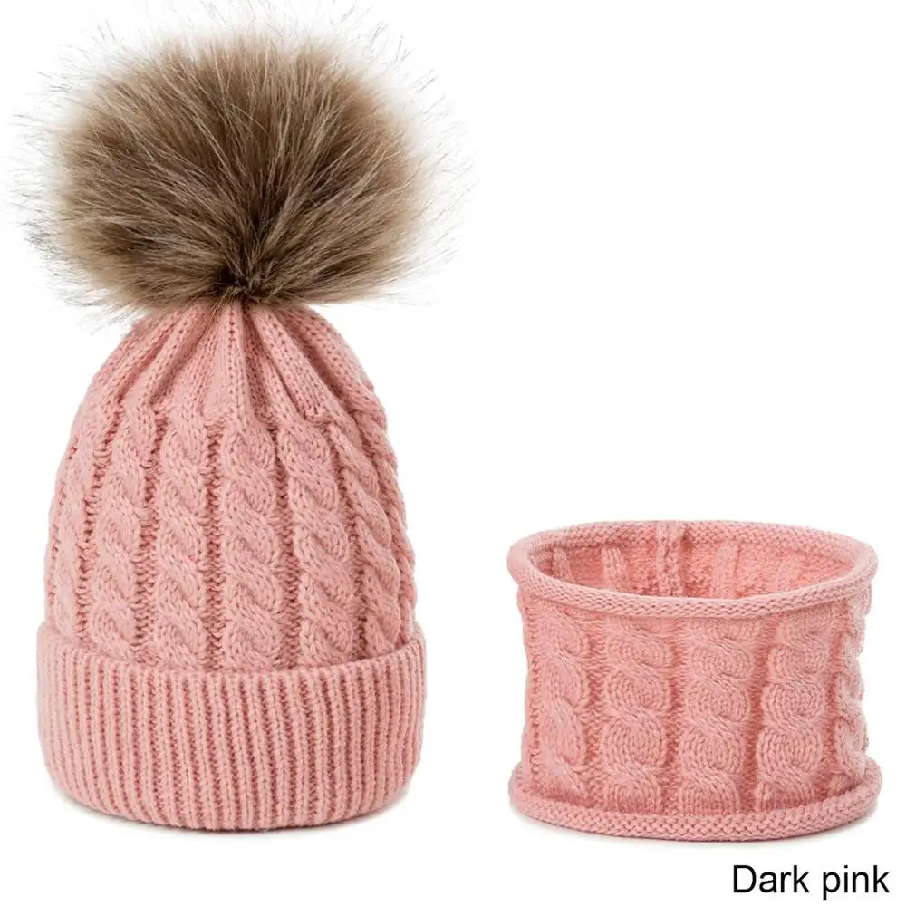 dark pink REAKIDS 2 шт./компл., подходит для новорожденных, детские зимние шапки+ шарф, костюм вязаная шляпа теплая шапка с помпоном Универсальная крышка для мальчиков и девочек - Цвет: dark pink