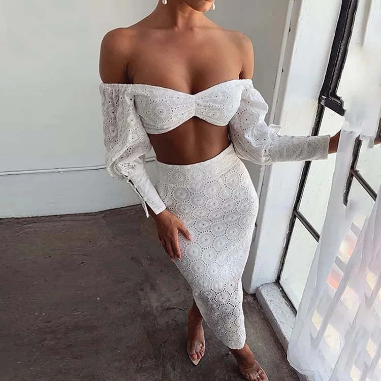 White Lace Embroidery Two Piece Set Party Dress Women Sexy Slash Neck Off Shoulder Lantern Sleeve Buttons Club Suit MY1152 | Женская