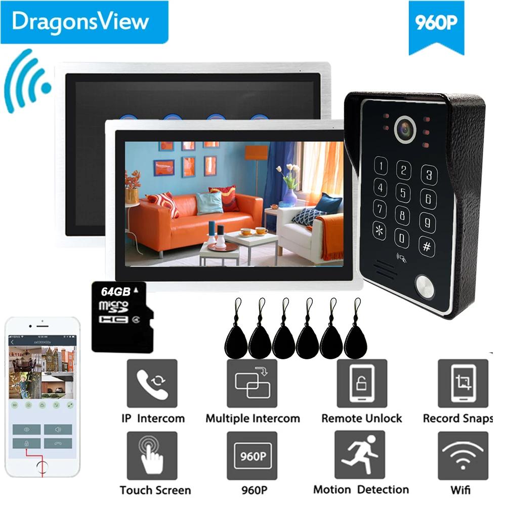 Dragonsview 10 Inch Smart Wifi Video Doorbell Intercom System with RFID Password Wireless Video Door Phone IP 4 Channels