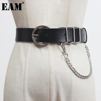 

[EAM] Pu Leather Black Metal Chain Split Joint Long Belt Personality Women New Fashion Tide All-match Spring Autumn 2020 1Z437