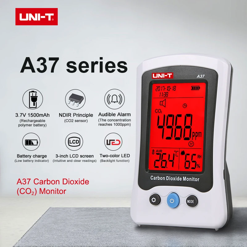 

A37 Air Quality Detector Cordless CO2 monitor with automatic calibration manual calibration Professional NDIR Audible alarm