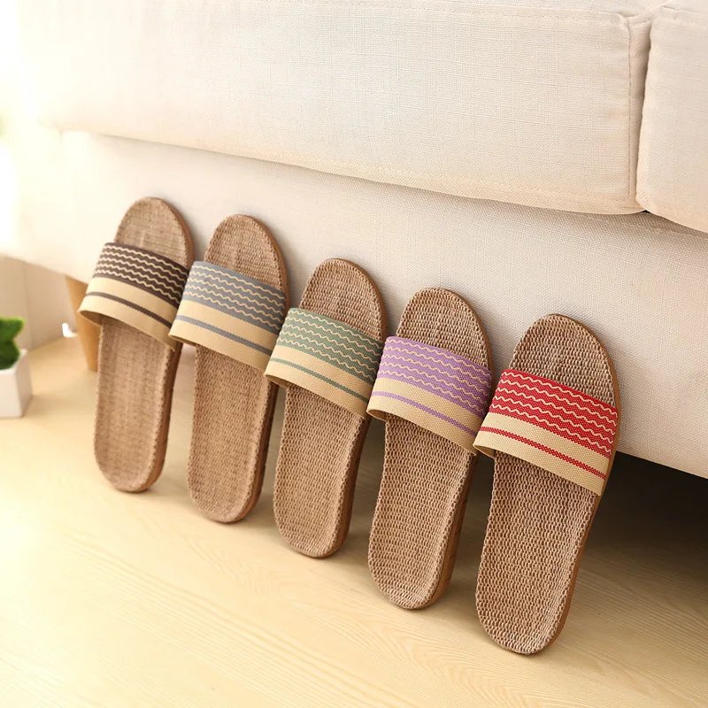 

New Style Linen Slippers Color Braiding Men And Women Couples Home Thick Bottomed Floor Anti-slip Spring And Summer Cool Linen S