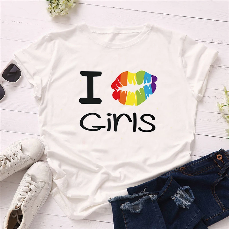 Женские футболки LUSLOS с радужным принтом губ и надписью I KISS GIRLS повседневные белые