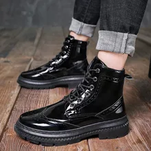 Мужские повседневные ботинки в стиле панк в байкерском стиле; ботинки из лакированной кожи; черные ботинки на платформе со шнуровкой; ботильоны в джентльменском стиле; Кожаные полуботинки