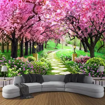 

Custom 3D Photo Wallpaper Flower Romantic Cherry Blossom Tree Small Road Wall Mural Wallpapers For Living Room Bedroom De Parede