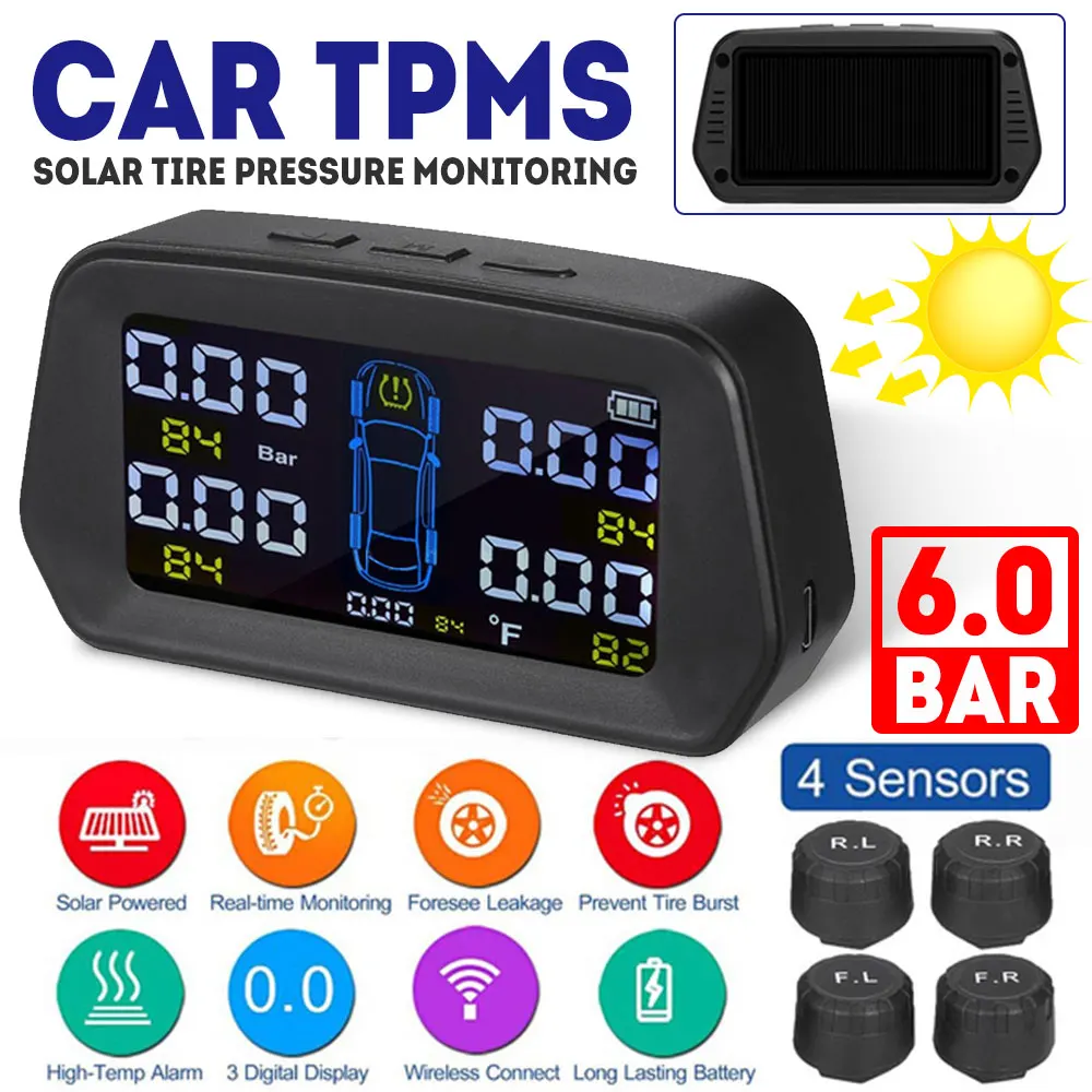 

VEHEMO Automotive TPMS Solar Tire Temperature and Tire Pressure Monitoring System LCD Large Color Screen with 4pcs Sensors