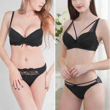 

New Green Underwear Set Women Bra Push Up Brassiere Cotton Thick Black Gather Sexy Bra Panties Sets Embroidery Lace Lingerie Set