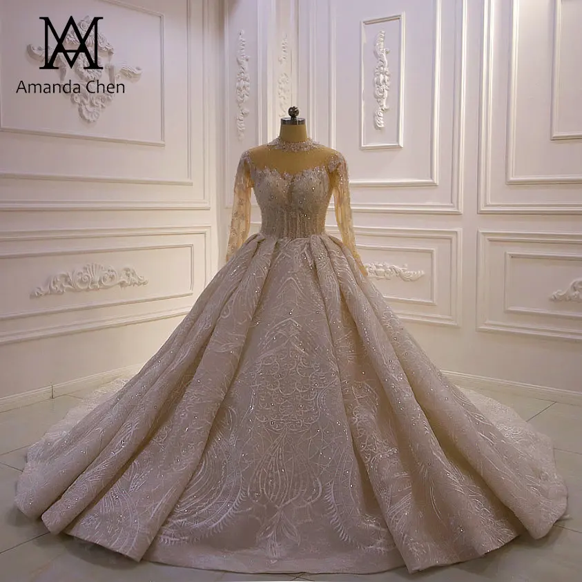 Abito sposa ручной работы с высоким воротом с длинным рукавом Кружева свадебное платье