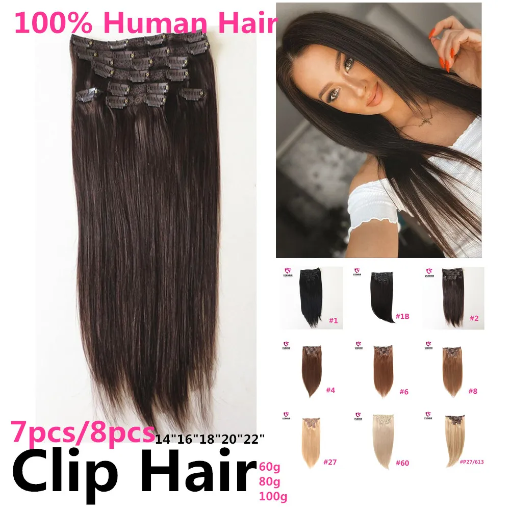 VSR волосы на клипсах 80 г 100 Remy 7 шт. прямые индийские натуральные человеческие для