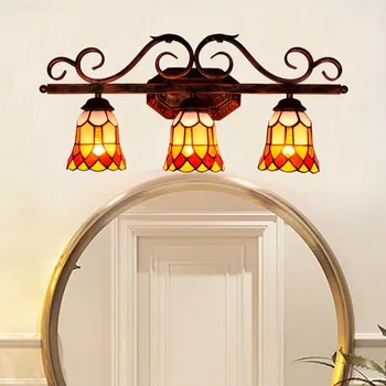 

European Retro Red Tiffany color glass bathroom mirror headlight American corridor bar restaurant three head wall lamp