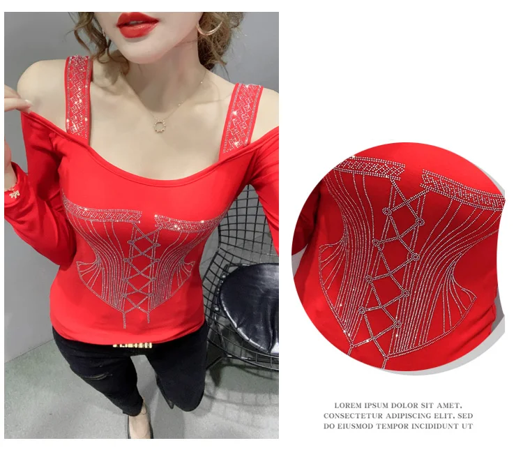 2020 Autumn new woman tshirts Fashion sexy off the shoulder women t-shirt long sleeve Hot drilling plus size women clothing