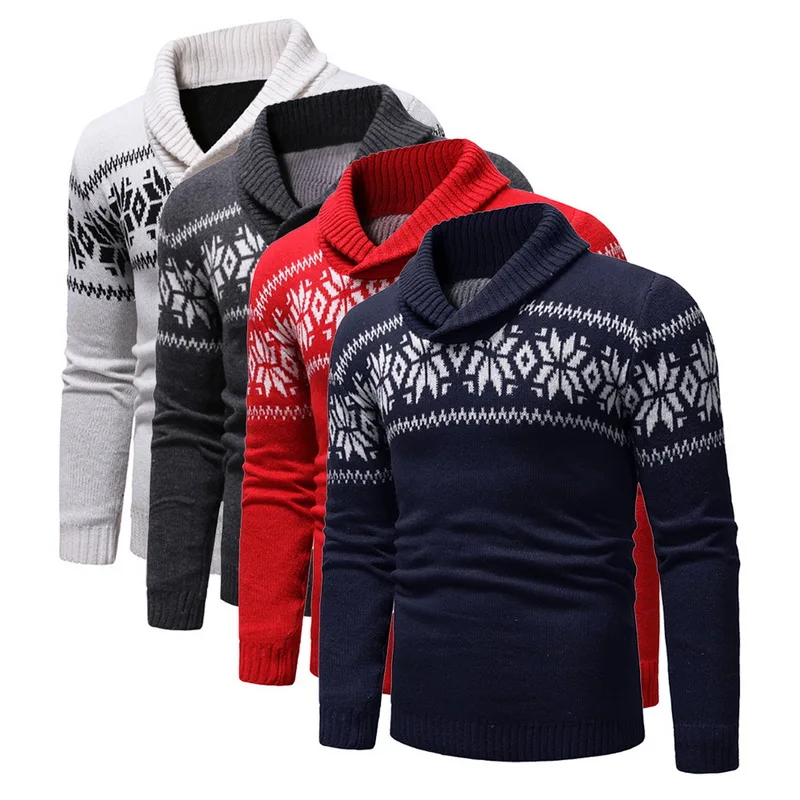 Новинка, осенне-зимний мужской свитер, мужской свитер с отворотом и принтом снежинки, Повседневный свитер, Мужской приталенный брендовый вязаный пуловер