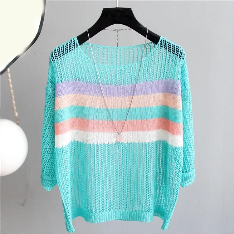 

Nice Summer Women Pullover Sweaters O-Neck Loose Round Neck Hollow Out Pullovers Colorful Striped Knitted Thin Sweater