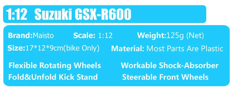 Masito 1/12 весы Suzuki GSXR600 GSX supersport Diecasts& Toy Vehicles модель мотоцикл игрушка миниатюрные сувенир для взрослых