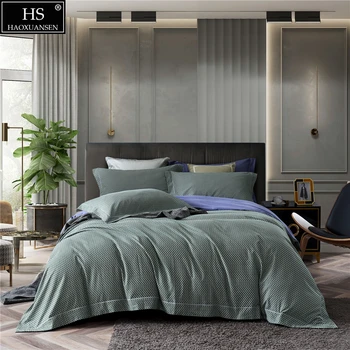 

Delicate Small Grid Design Satin Cotton Brushed 4piece Bedding Sets Quilt Cover Pillowcase Bedsheet Green Fabric Weight 3.9kg